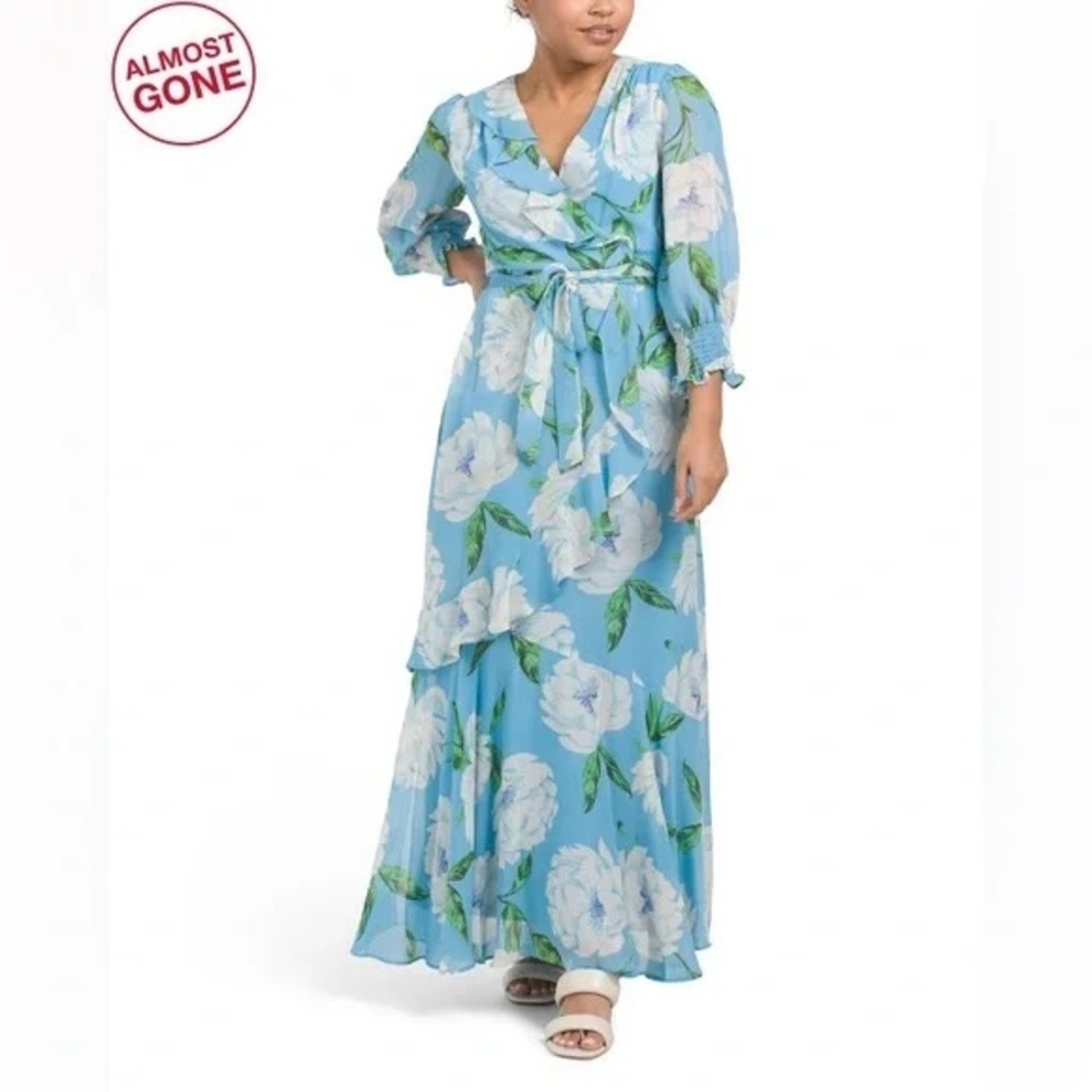 TAYLOR | Long Sleeve Floral Wrap Maxi Dress Size 6 Sky Blue